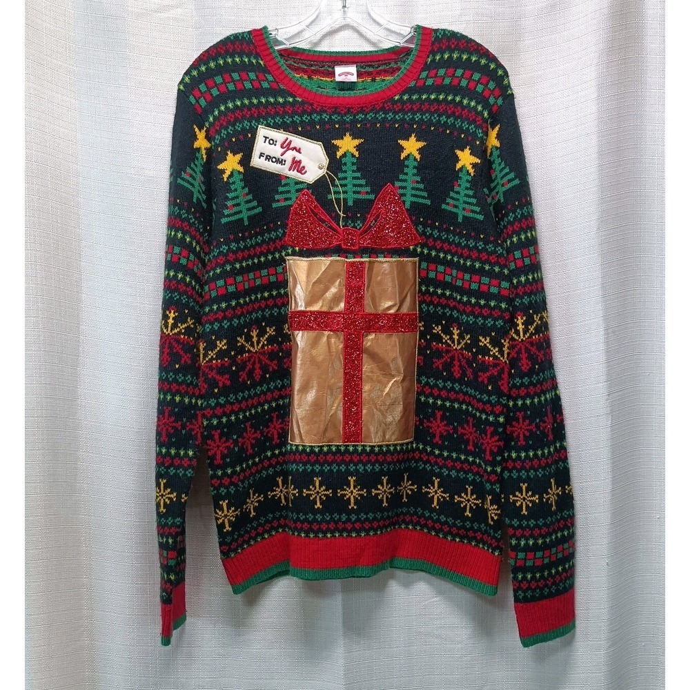 Holiday Time Men's M(38/40) Ugly Christmas Sweater‎ Golden Gift Pocket Acrylic